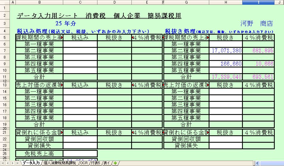 個人卸小売業 飲食業 不動産業の確定申告用エクセルシートです